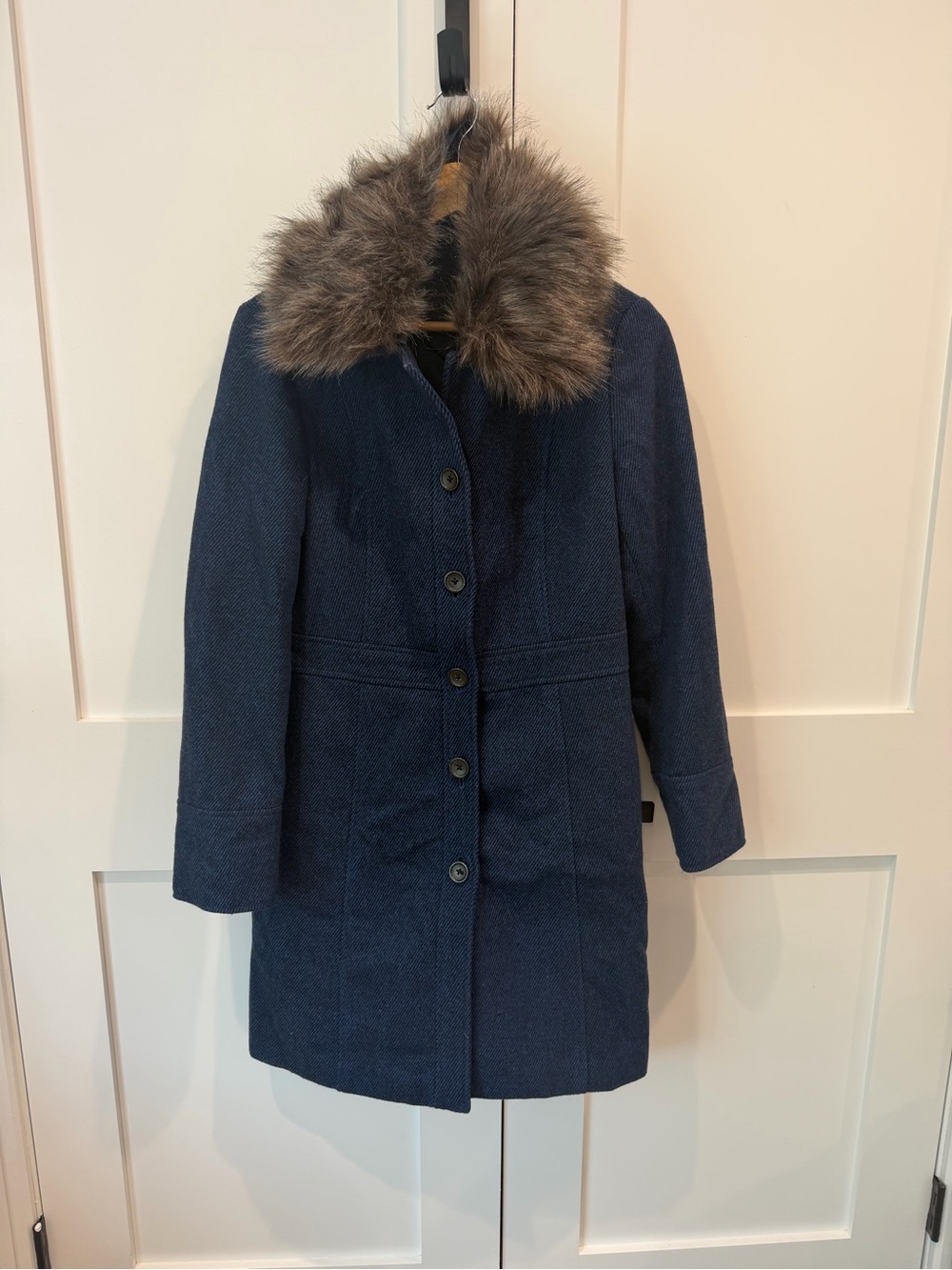 Banana Republic Navy Wool-Blend Pea Coat with Faux Fur Trim